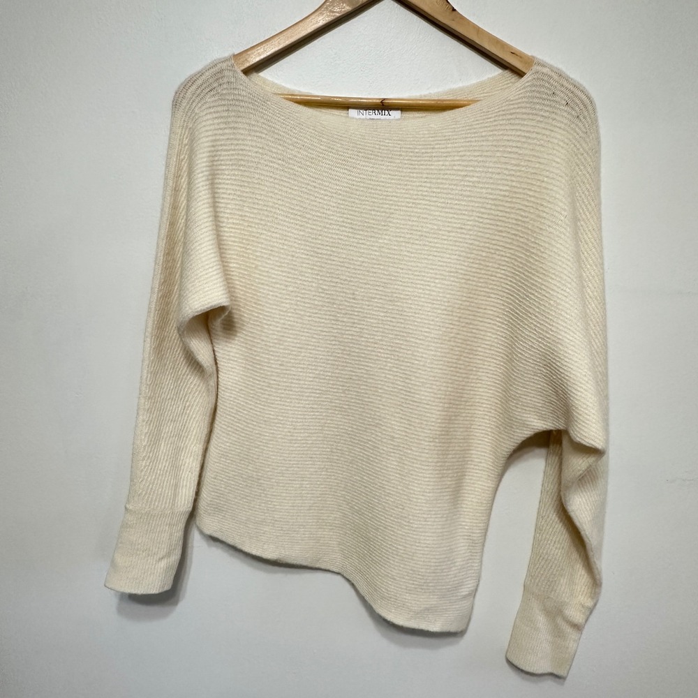 Intermix Asymmetrical Wool Cashmere Sweater Women P Cream Ribbed Knit *FLAW - Picture 4 of 11